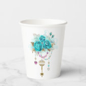 Türkisfarbene Rose mit Tasten Pappbecher (Rückseite)