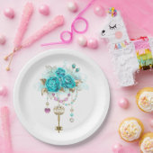 Türkisfarbene Rose mit Tasten Pappteller (Party)