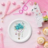 Türkisfarbene Rose mit Tasten Pappteller (Party)