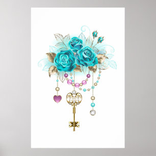 Türkisfarbene Rose mit Tasten Poster