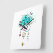 Türkisfarbene Rose mit Tasten Quadratische Wanduhr (Winkel)
