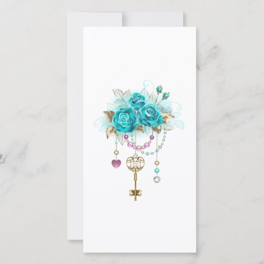 Türkisfarbene Rose mit Tasten Save The Date (Vorderseite)