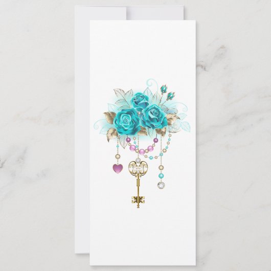 Türkisfarbene Rose mit Tasten Save The Date (Vorderseite)