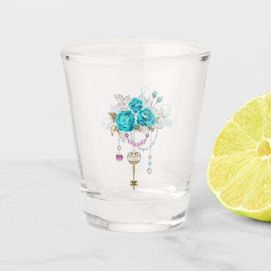 Türkisfarbene Rose mit Tasten Schnapsglas (Vorderseite)