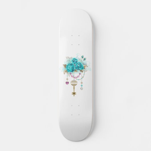 Türkisfarbene Rose mit Tasten Skateboard (Vorderseite)