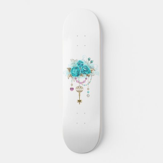 Türkisfarbene Rose mit Tasten Skateboard (Vorderseite)