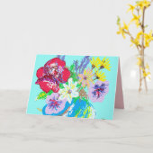 Türkisfarbene Rose und Blume in Vase Card Karte (Gelbe Blume)