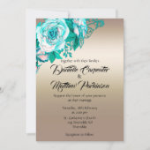 Türkisfarbene Rose und Goldene Eleganz Hochzeit Einladung (Vorderseite)