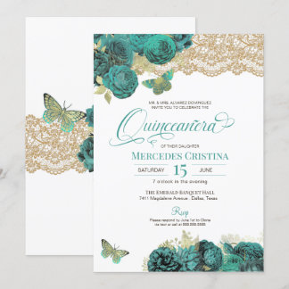 Türkisfarbene Rose und Schmetterling Quinceañera I Einladung