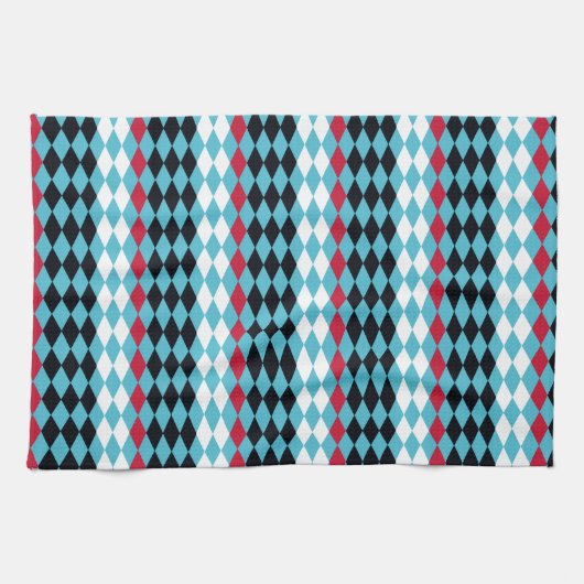 Türkisfarbene, rote, schwarze, weiße Diamanten Geschirrtuch (Horizontal)
