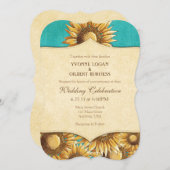 Türkisfarbene Rustikale Sonnenblume Einladung (Vorne/Hinten)