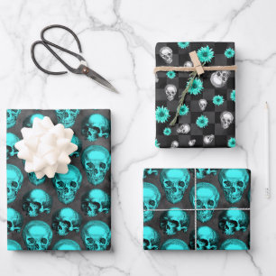 Türkisfarbene Schädel und Sonnenblumen-Serie Desig Geschenkpapier Set