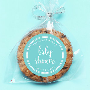 Türkisfarbene Schrift und White Stripes Babydusch Runder Aufkleber