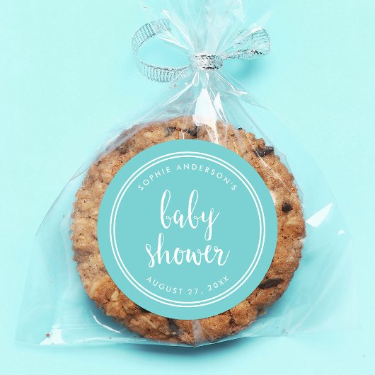 Türkisfarbene Schrift und White Stripes Babydusche Runder Aufkleber