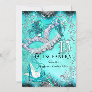 Türkisfarbene Silber-Masquerade-Quinceanera-Geburt Einladung