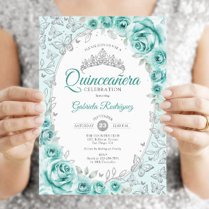 Türkisfarbene Silberne Florale Quinceanera Einladung