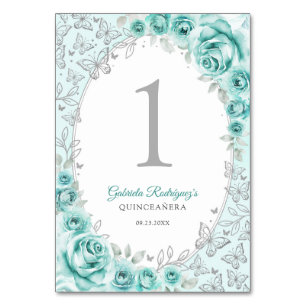 Türkisfarbene Silberne Florale Quinceanera Tischnummer