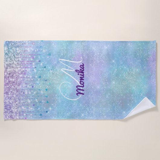 Türkisfarbene Silver Imitats Monogram Glitzer Strandtuch (Vorderseite)