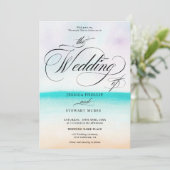 Türkisfarbene Strandkalligraphie Einladung (Stehend Vorderseite)