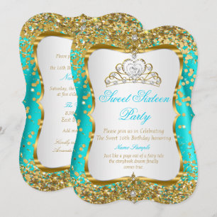 Türkisfarbene Tiara Prinzessin Sweet 16 Gold Weiße Einladung