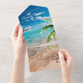 Türkisfarbene Tides Tropical Palm Tree Beach Hochz All In One Einladung
