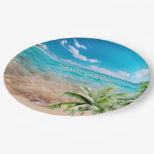 Türkisfarbene Tides Tropical Palm Tree Beach Hochz Pappteller (Schrägansicht)