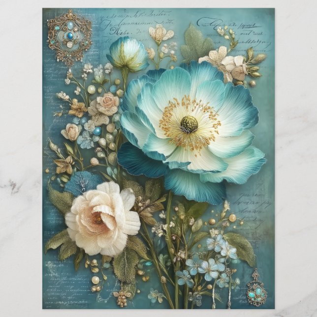 Türkisfarbene Türkisblaue Blumen Junk Journal Scra (Vorderseite)