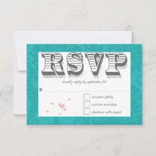 Türkisfarbene Typografie und rosa Damassoße RSVP Karte