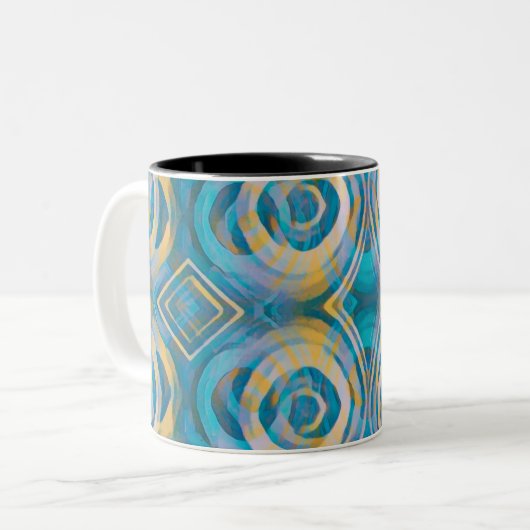 Türkisfarbene und gelbe Batik-Kreise & Diamanten Kaffeetasse (Vorderseite Links)