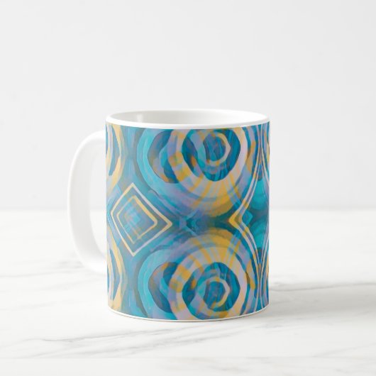 Türkisfarbene und gelbe Batik-Kreise & Diamanten Kaffeetasse (Vorderseite Links)