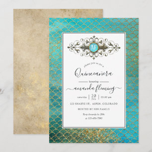 Türkisfarbene und goldene Meerjungfrau-Quinceañera Einladung