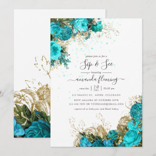Türkisfarbene und goldene Vintage-Shabby-Floralmus Einladung