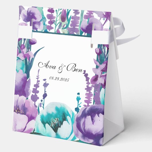 Türkisfarbene und Lila Wildblumen Hochzeit Geschenkschachtel (Rückseite)