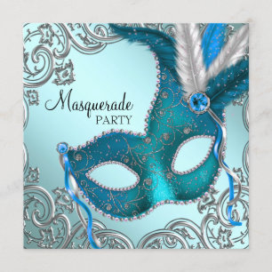 Türkisfarbene und silberne Masken-Maskenparty Einladung