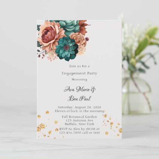 Türkisfarbene und Terracotta-Engagement-Partei Einladung (Stehend Vorderseite)