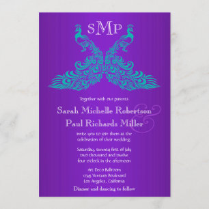 Türkisfarbene und violette Pfauen-Hochzeitseinladu Einladung