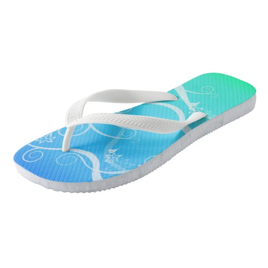 Türkisfarbene und weiße Wirbel Flip Flops Badesandalen (Schrägansicht)