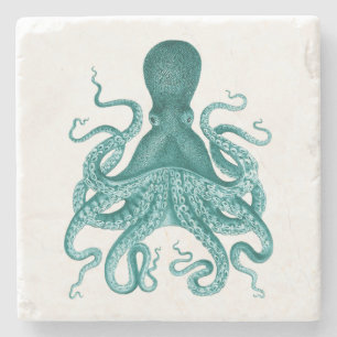 Türkisfarbene Vintage Octopus-Illustration Steinuntersetzer