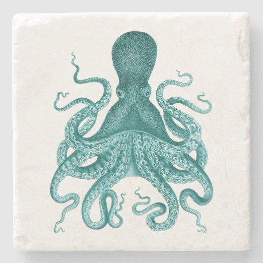 Türkisfarbene Vintage Octopus-Illustration Steinuntersetzer (Vorderseite)