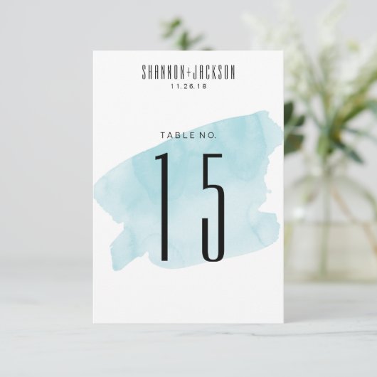 Türkisfarbene Wash Hochzeiten Tischnummern (Stehend Vorderseite)