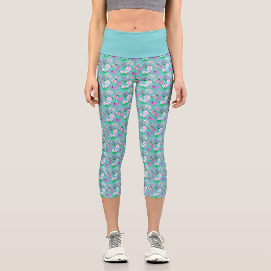 Türkisfarbene Wildblume Capri Leggings (Vorderseite)
