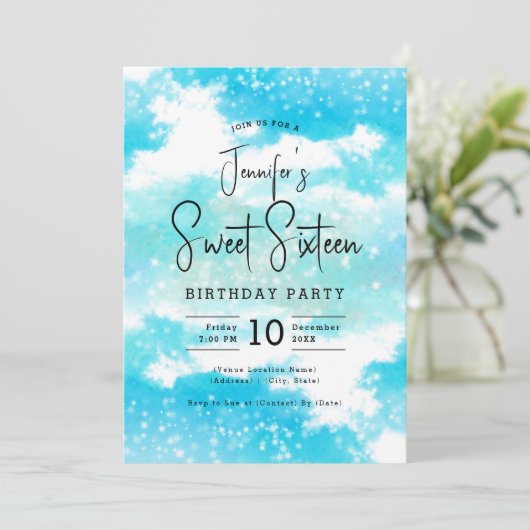 Türkisfarbene Wolken Süß 16 Party Einladung (Stehend Vorderseite)