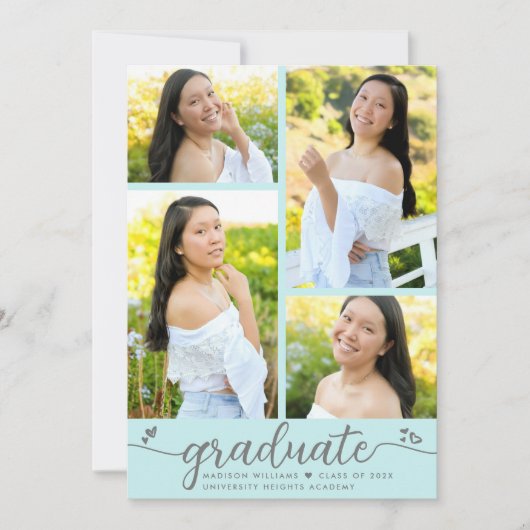 Türkisfarbener Abschluss 4 Foto Moderne Skriptherz Ankündigung (Vorderseite)