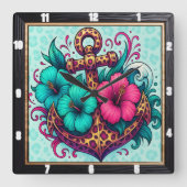 Türkisfarbener Anker-Nautikdesign Quadratische Wanduhr (Vorderseite)