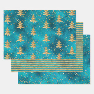 Türkisfarbener Aquamariner Goldspass Weihnachtsbau Geschenkpapier Set