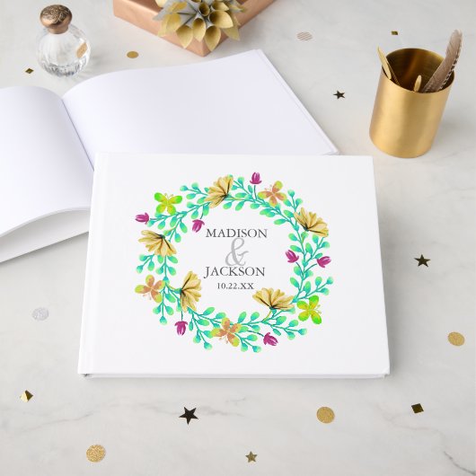 Türkisfarbener Blumenreath Botanische Hochzeit Gästebuch (Vorderseite Offen)