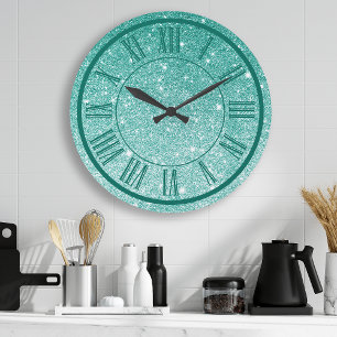 Türkisfarbener Glitter römische Zahl Funkeln Mädch Große Wanduhr