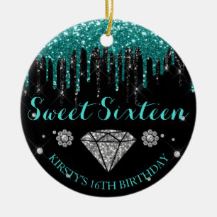 Türkisfarbener Glitter-Tropfen Sweet Sixteen Keramik Ornament