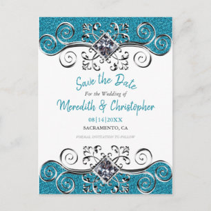 Türkisfarbener Glitzer Bling Wedding Save the Date Ankündigungspostkarte