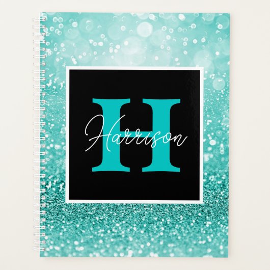 Türkisfarbener Glitzer Glam Monogram Name Personal Planer (Vorderseite)